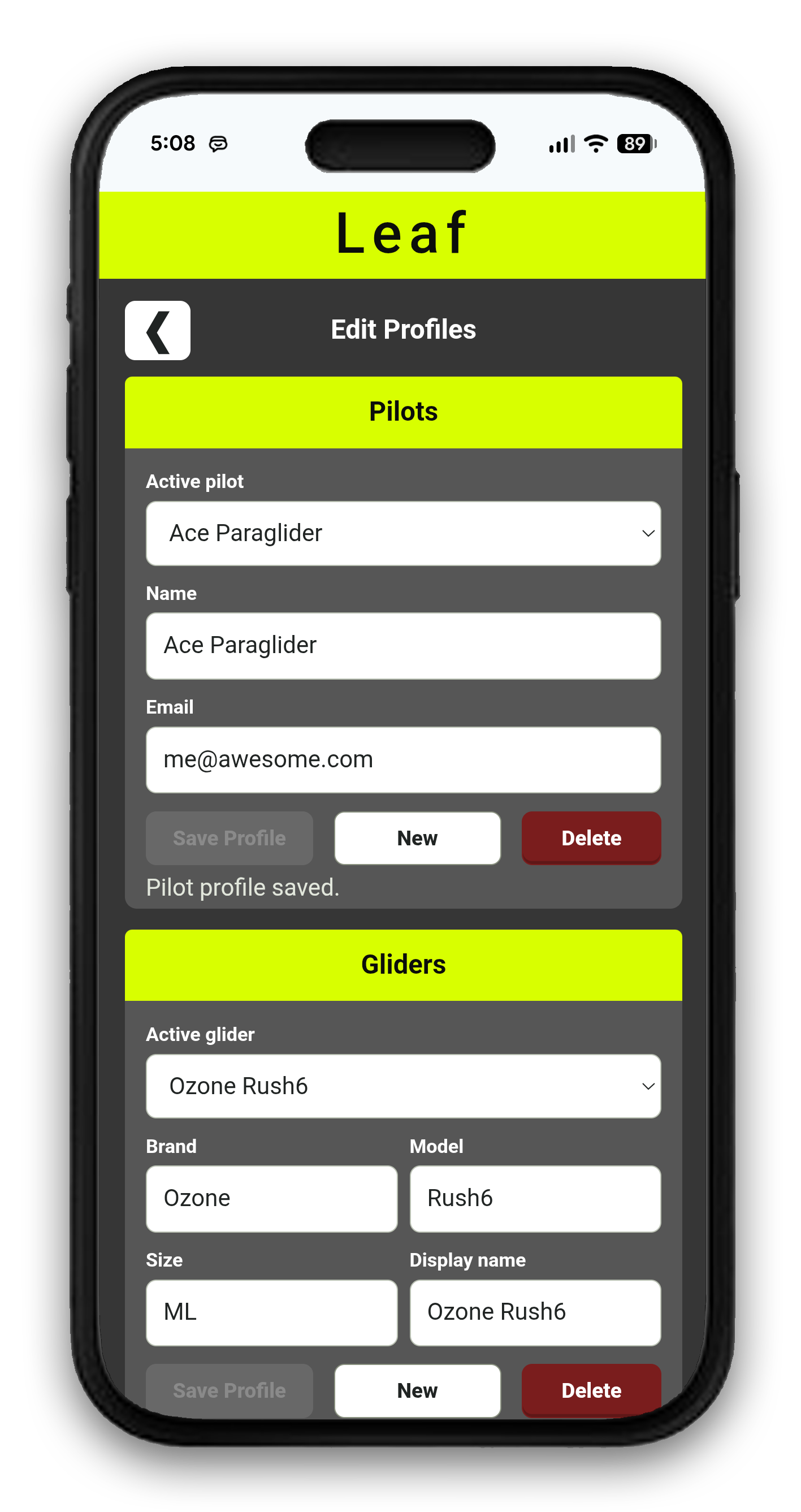 Leaf Web App profiles page