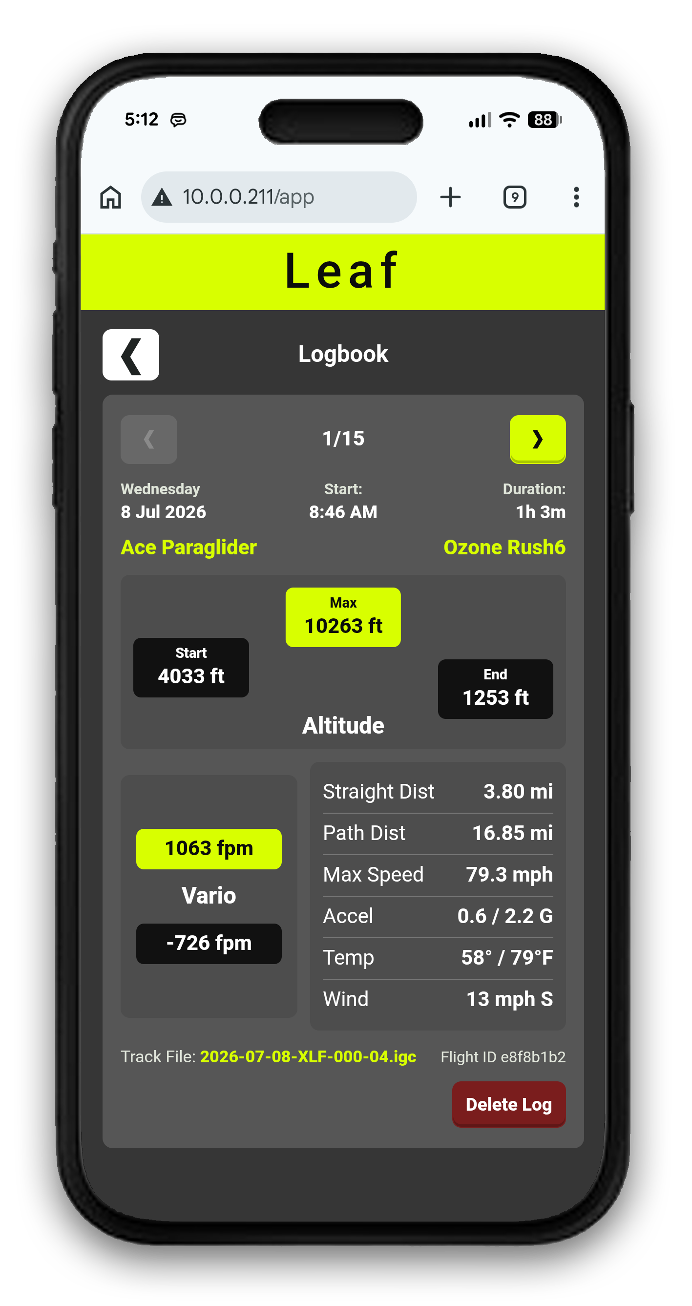 Leaf Web App logbook flight summary