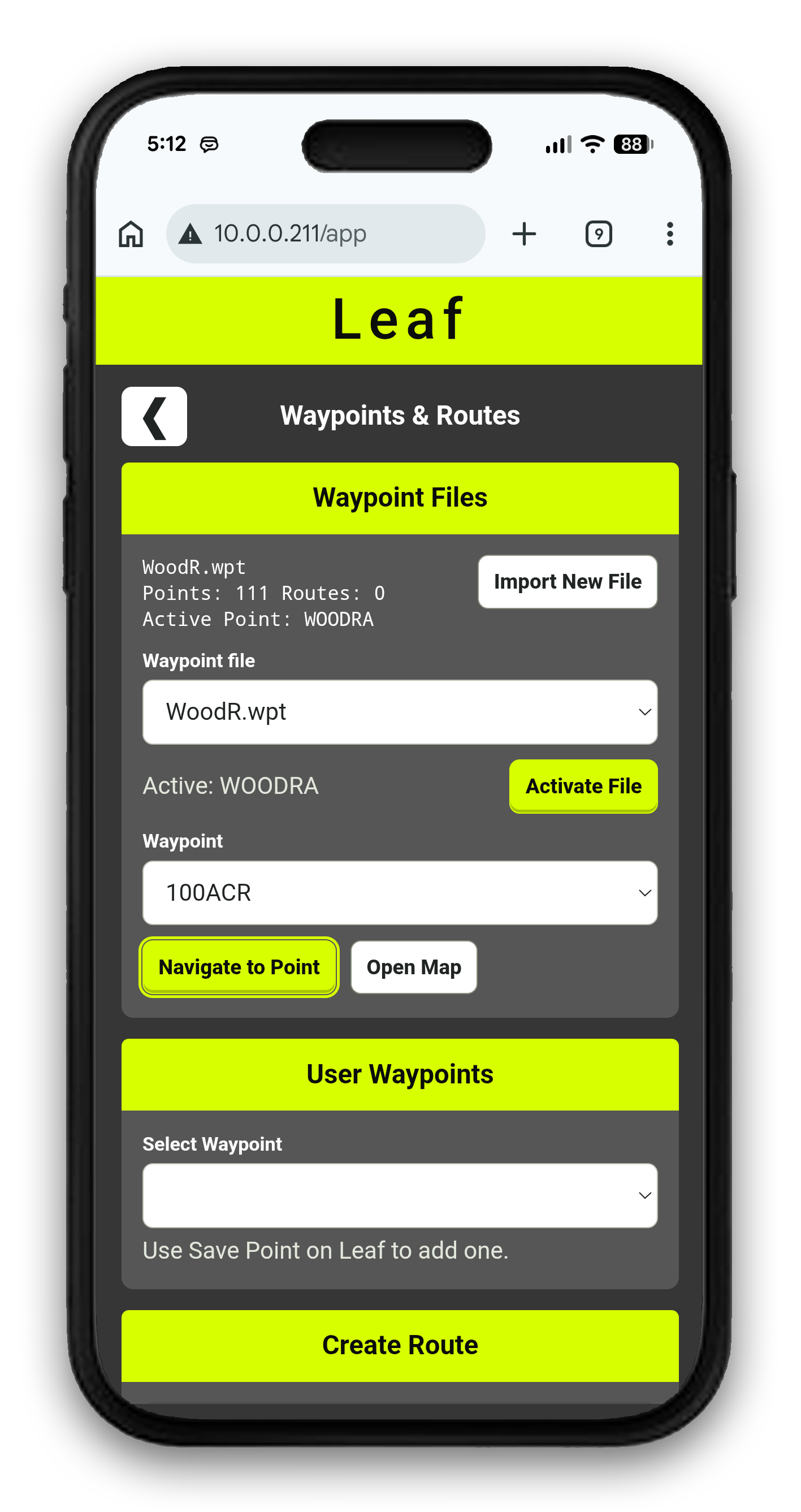 Leaf Web App waypoints and routes page